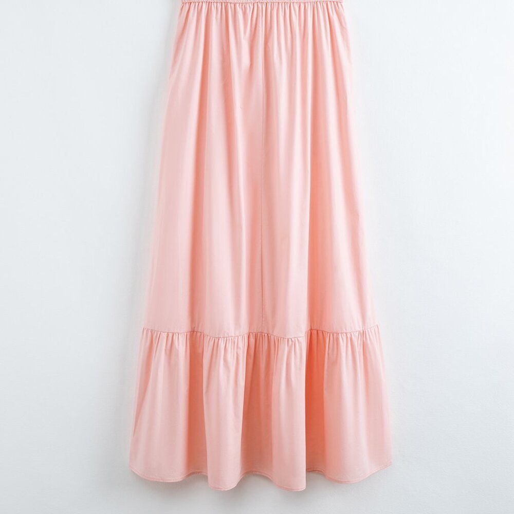 B281 Apricot Pink V Neck Flutter Sleeve Smocked Bodice High Waist Ruffle Maxi Dr - Picture 7 of 13
